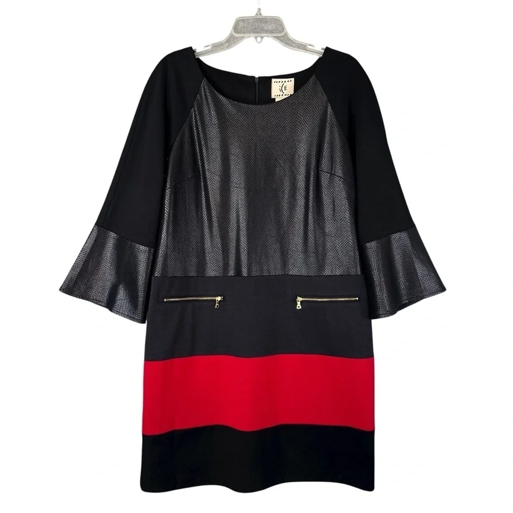 ICE Bell Sleeve Color Block Dress Faux Snakeskin Black Red Size 14